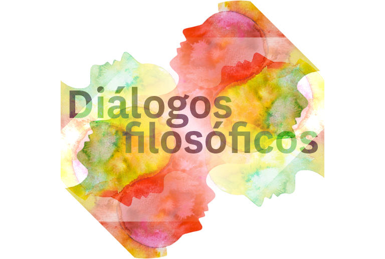 Imagem com ilustração aguarelada a cores com o título 'Diálogos filosóficos'.