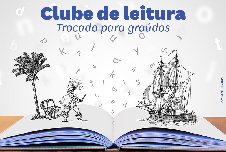 Imagem com um livro aberto e ilustrações a saírem das páginas.