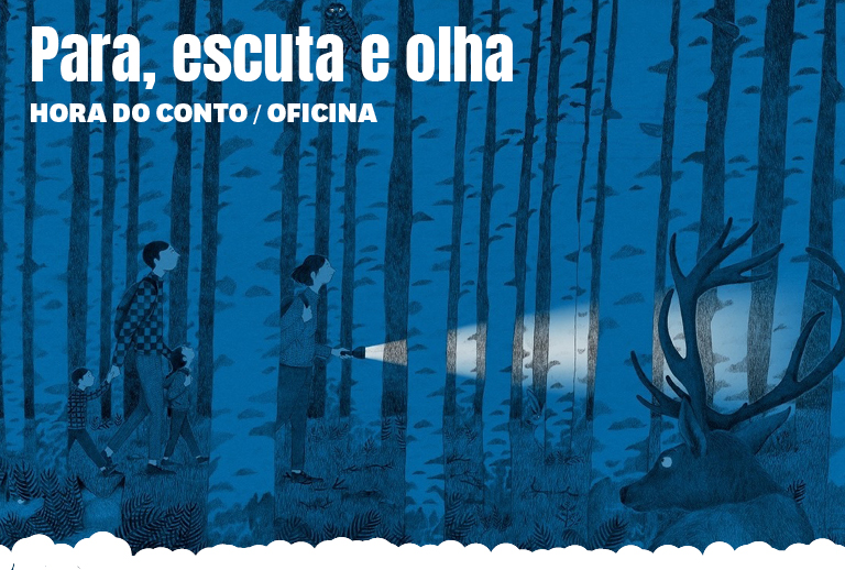 Desenho em tons de azul de uma família numa floresta, da autoria de Marie Dorléeans.