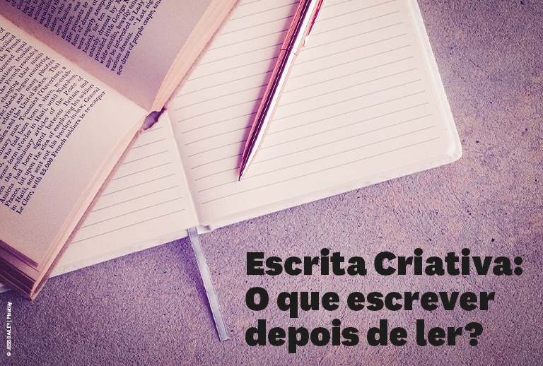 Imagem com um livro, um caderno e uma caneta.