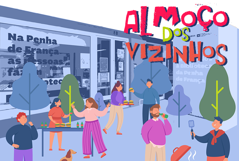 Imagem de uma ilustração a cores com várias pessoas a conviver.