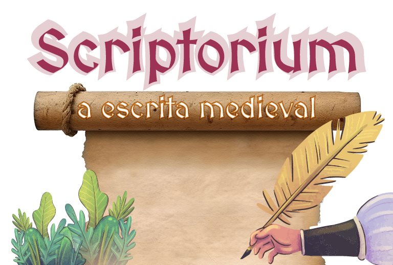 Imagem com ilustração a cores representando a escrita com uma pena num papiro.