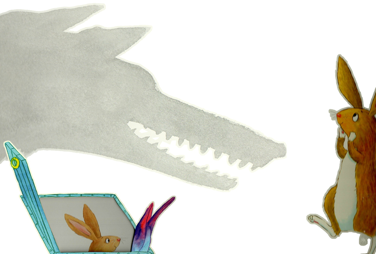 Imagem com desenhos de dois coelhos e a sombra de um lobo.