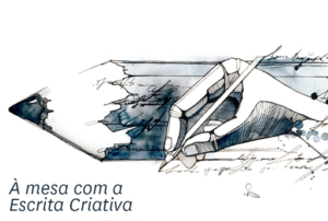 Imagem de uma ilustração a preto e branco com uma mão a escrever.