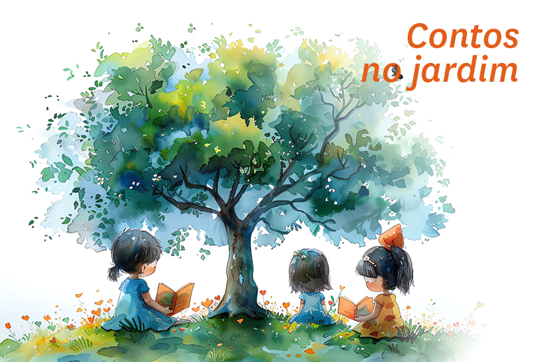 Imagem de uma ilustração a cores de três crianças a lerem livros debaixo de uma árvore.