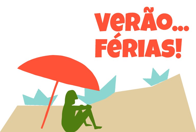 Imagem com ilustração de uma pessoa na praia debaixo de um chapéu de sol.