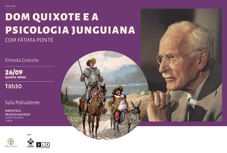 Imagem com ilustração a representar D. Quixote e o seu fiel escudeiro Sancho e um retrato de Jung.