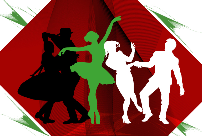 Imagem com silhuetas de várias pessoas a dançar sobre um fundo colorido.