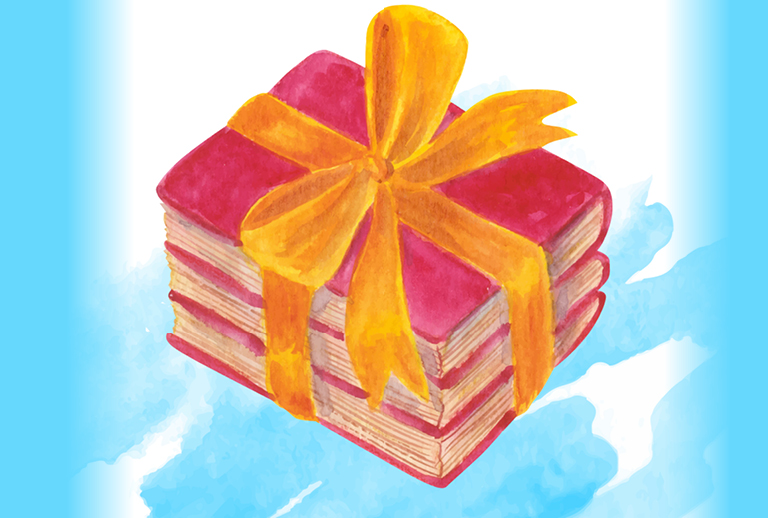 Imagem de livros embrulhados com uma fita.