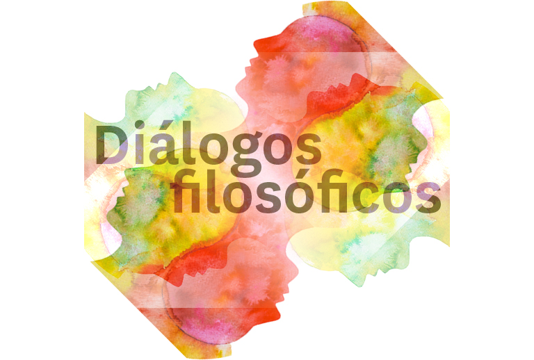 Imagem com ilustração aguarelada a cores com o título 'Diálogos filosóficos'.