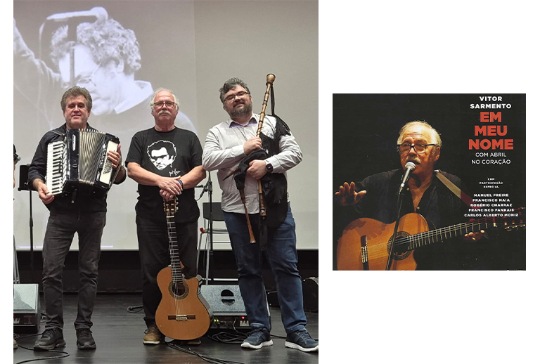 Imagem com a capa do disco e do trio musical.